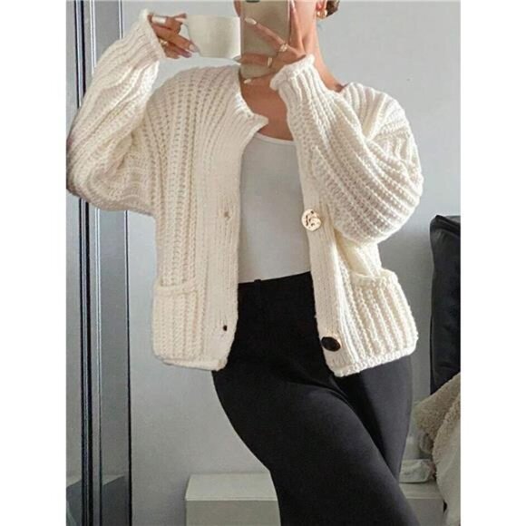 Button-Front Knit Cardigan with Pockets - Picture 6 of 8
